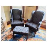 Pair of Vintage Dark Blue Wingback Arm Chairs & Matching Ottoman