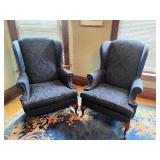 Pair of Vintage Dark Blue Wingback Arm Chairs & Matching Ottoman
