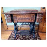 Antique Treadle Standard Brand Sewing Machine with Cast Base & Carved Drawers