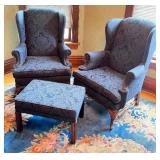 Pair of Vintage Dark Blue Wingback Arm Chairs & Matching Ottoman