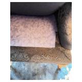 Pair of Vintage Dark Blue Wingback Arm Chairs & Matching Ottoman