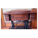 Antique Treadle Standard Brand Sewing Machine with Cast Base & Carved Drawers