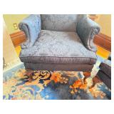 Pair of Vintage Dark Blue Wingback Arm Chairs & Matching Ottoman