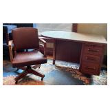 Vintage Curved Walnut Art Deco Executive Desk With Glass Top & Chair
