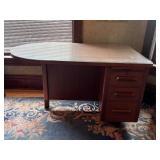Vintage Curved Walnut Art Deco Executive Desk With Glass Top & Chair