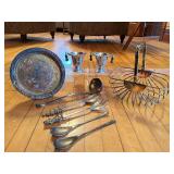 Silver Metal Fruit Basket, Silverplate Tray, Silver Serving Utensils and Silverplate Sugar & Creamer Set