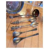 Silver Metal Fruit Basket, Silverplate Tray, Silver Serving Utensils and Silverplate Sugar & Creamer Set