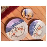 Two Chickadees Perched On A Branch Artwork & Hand Painted Japanese Plates
