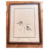 Two Chickadees Perched On A Branch Artwork & Hand Painted Japanese Plates