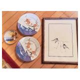 Two Chickadees Perched On A Branch Artwork & Hand Painted Japanese Plates
