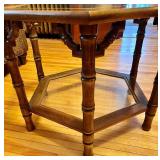 Mid Century Walnut Hexagonal Glass Top Accent Table with Caned Shelf