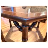 Mid Century Walnut Hexagonal Glass Top Accent Table with Caned Shelf