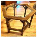 Mid Century Walnut Hexagonal Glass Top Accent Table with Caned Shelf