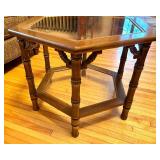 Mid Century Walnut Hexagonal Glass Top Accent Table with Caned Shelf