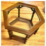 Mid Century Walnut Hexagonal Glass Top Accent Table with Caned Shelf