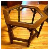 Mid Century Walnut Hexagonal Glass Top Accent Table with Caned Shelf