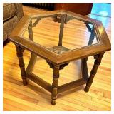 Mid Century Walnut Hexagonal Glass Top Accent Table with Caned Shelf