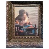 Antique Ornate Framed Print of Girl Sewing
