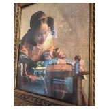 Antique Ornate Framed Print of Girl Sewing