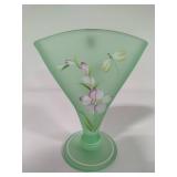 FENTON Hand Painted Green Frosted Dragonfly Fan Vase *Signed*