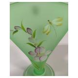 FENTON Hand Painted Green Frosted Dragonfly Fan Vase *Signed*
