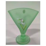 FENTON Hand Painted Green Frosted Dragonfly Fan Vase *Signed*