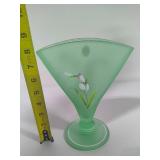 FENTON Hand Painted Green Frosted Dragonfly Fan Vase *Signed*