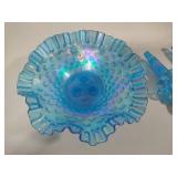 *RARE* FENTON Blue Iridescent Hobnail Glass Three-Horn Epergne
