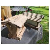 Collection of Bird Feeders Including Two Birdhouses and Two Tube Feeders