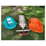 Lot of 3 Sleds: Flexible Flyer F021 and Two Plastic Toboggans