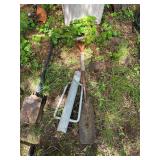 Group of Manual Garden Tools Including Post Hole Digger, Post Driver, and Tamper