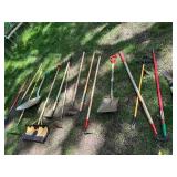 Collection of 12 Garden and Lawn Tools Including Shovels, Rakes, and Hoes