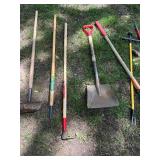 Collection of 12 Garden and Lawn Tools Including Shovels, Rakes, and Hoes