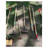 Collection of 12 Garden and Lawn Tools Including Shovels, Rakes, and Hoes