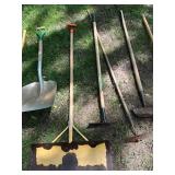 Collection of 12 Garden and Lawn Tools Including Shovels, Rakes, and Hoes