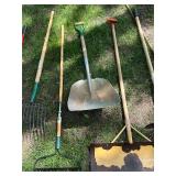 Collection of 12 Garden and Lawn Tools Including Shovels, Rakes, and Hoes