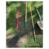 Collection of 12 Garden and Lawn Tools Including Shovels, Rakes, and Hoes