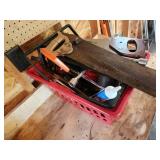 Assorted Hand Tools and Hardware in Red Storage Bin