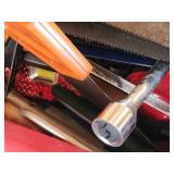 Assorted Hand Tools and Hardware in Red Storage Bin