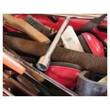 Assorted Hand Tools and Hardware in Red Storage Bin