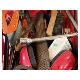 Assorted Hand Tools and Hardware in Red Storage Bin