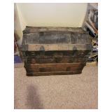 Antique Camel Backed Steamer Trunk with Rustic Wood and Metal Details
