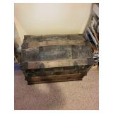 Antique Camel Backed Steamer Trunk with Rustic Wood and Metal Details