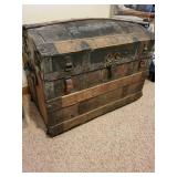 Antique Camel Backed Steamer Trunk with Rustic Wood and Metal Details