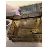 Antique Camel Backed Steamer Trunk with Rustic Wood and Metal Details