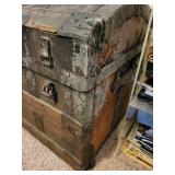 Antique Camel Backed Steamer Trunk with Rustic Wood and Metal Details