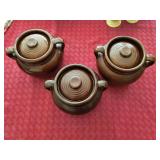 Set of 3 Vintage Brown Ceramic Bean Pots with Lids