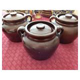 Set of 3 Vintage Brown Ceramic Bean Pots with Lids