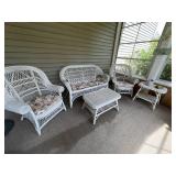 Vintage White Wicker Patio Furniture Set with Floral Cushions