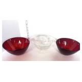 Two Ruby Red Bowls and Hazel Atlas Starburst Bowl